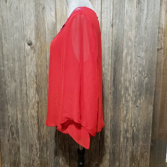 AB Studio XL Top Blouse Red Crochet Lace Neck Long Sleeve Pullover Chiffon - Picture 3 of 6